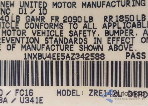 2010 Toyota Corolla S/Le/Xle from USA, damaged, VIN 1NXBU4EE5AZ342588